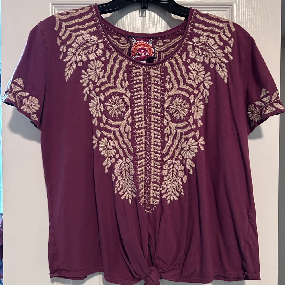 Johnny Was Plum Embroidered Short Sleeve Top